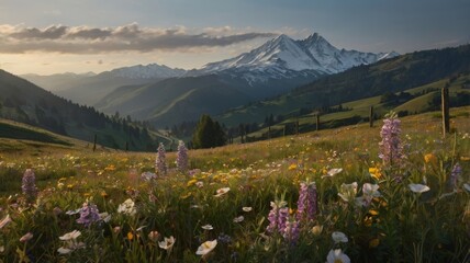 Obraz premium Mountain meadow at sunset with wildflowers, green hills and a snow-capped peak in the distance