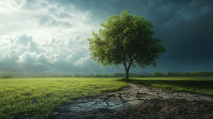 A lone tree stands between cracked dry soil and lush green grass symbolizing climate change with minimalism bright tones and blurred background, empty caption space on the side

