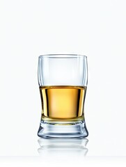 Whiskey in glass, studio shot, reflection, white background, liquor advertising