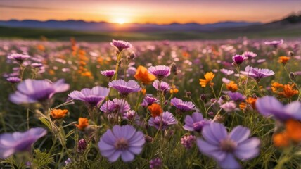 Obraz premium Vibrant field of blooming wildflowers at sunset with orange and purple flowers in focus