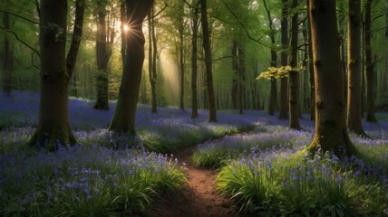 Enchanted woodland with bluebell carpet and sun rays shining through forest canopy