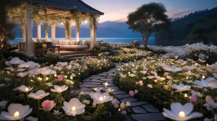 Obraz premium Serene Outdoor Lounge with Illuminated Flowers at Dusk overlooking ocean mountains