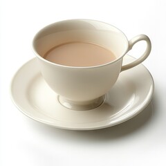 Fototapeta premium Teacup, creamy tea, saucer, white background, breakfast