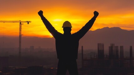 Fototapeta premium Construction Worker Silhouette Sunset Success Achievement