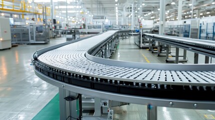 A conveyor belt in a factory with a lot of machinery