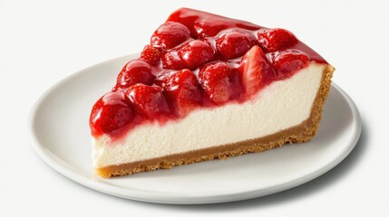 A slice of strawberry cheesecake on a white plate