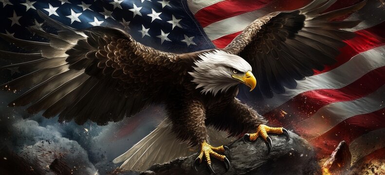 Eagle proudly perched in front of American flag, symbolizing strength and patriotism technology