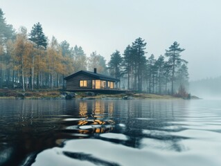 Fototapeta premium Serene cabin retreat by the misty lake tranquil nature scene landscape photography peaceful environment low angle view
