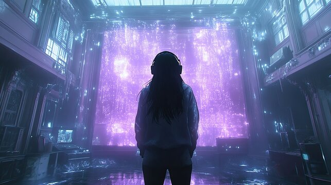 A woman stands in a futuristic room, looking at a large screen displaying a digital representation of data, code or a network.