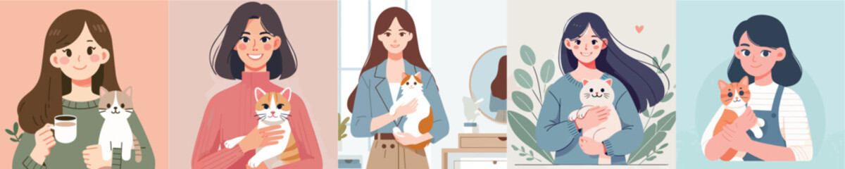 vector set of female characters holding a cat