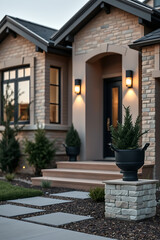 Modern Brick House Exterior at Dusk: Luxury Home Design and Architecture