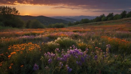 Fototapeta premium A vast field of wildflowers in bloom with mountains in the background at sunset light