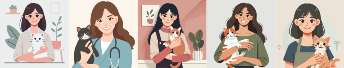 vector set of female characters holding a cat