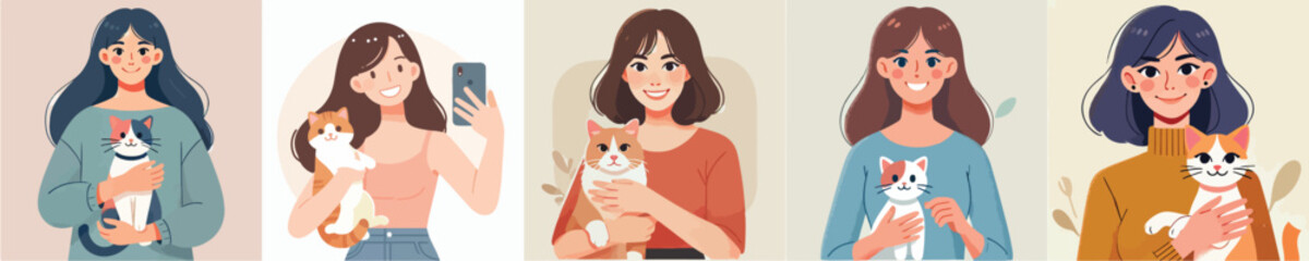 vector set of female characters holding a cat