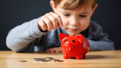A young child wearing a striped shirt, joyfully inserting a coin into a bright red piggy bank. 