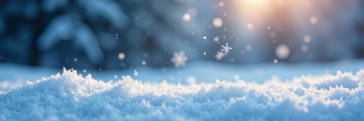 Naklejka premium Sparkling snowflakes fall onto a frosty winter landscape, Landscape, Snow, Snowflakes