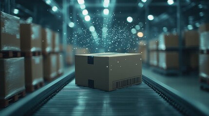 A cardboard box on the conveyor belt in a warehouse, a digital technology concept of a bar code incarnate as lines and dots connecting to each other above it. a blurred modern warehouse with boxes.