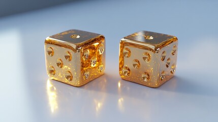 A set of 3D golden casino dice, shining vibrantly, isolated on a solid white background