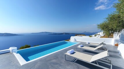 Fototapeta premium Stunning White Architecture Against Deep Blue Sea and Clear Skies in Santorini Greece - Perfect for Sunny Day