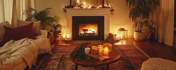 Cozy winter evening by the fireplace living room interior design warm atmosphere indoor view comfort and relaxation