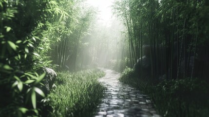 Misty Bamboo Forest Path, Stone Walkway, Zen Garden, Calm