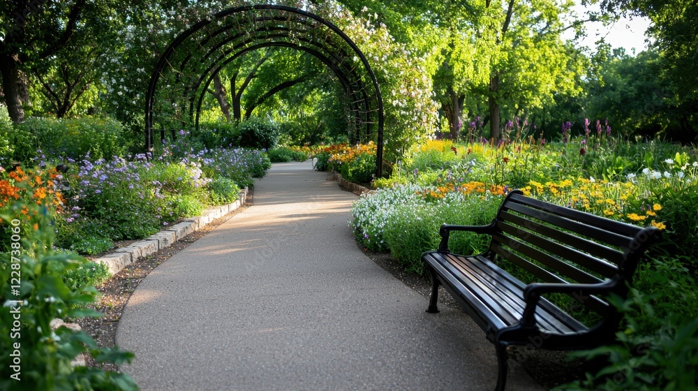 Poster a path with a bench and a trellis