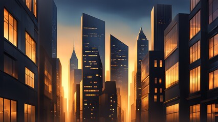 Warm sunset light illuminates the windows of a stylized city skyline, creating a dramatic and atmospheric urban scene.