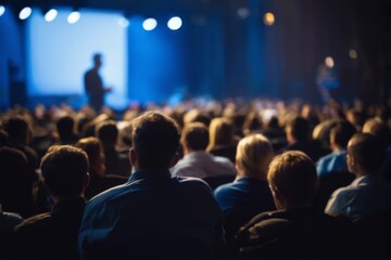 "Business presentation in a illuminated auditorium with focused audience listening to speaker on stage in blue lighting."