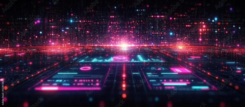 Poster futuristic digital landscape with glowing lines and data streams.