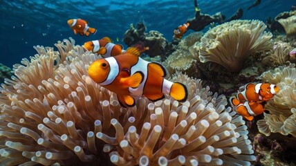 Clownfish swimming among sea anemones in vibrant coral reef environment underwater