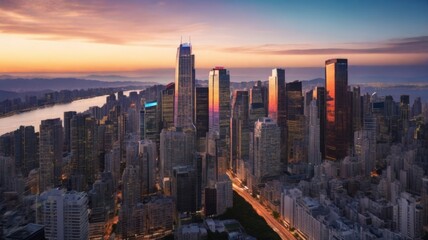 Fototapeta premium Urban skyline at dusk featuring tall buildings along a river with a warm sky