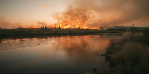 Obraz premium An artistic shot of fire reflections on a river, expanding to a wide-angle view of a wildfire burning on the horizon, ultra-HD