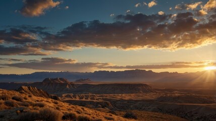 Obraz premium Panoramic View of a Desert Landscape at Sunset with Dramatic Sky and Mountain Range