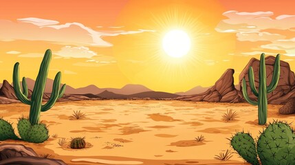 A Desert Vista with Barren Land, Cactus Plants, and a Hot, Sunny Sky