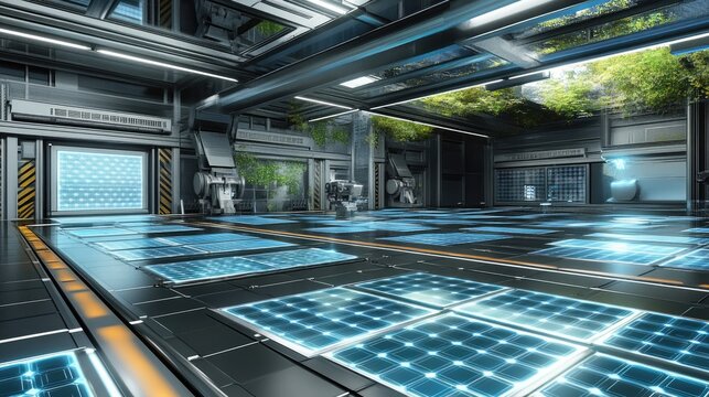 A futuristic robotic recycling center dismantling outdated solar cells for reuse.