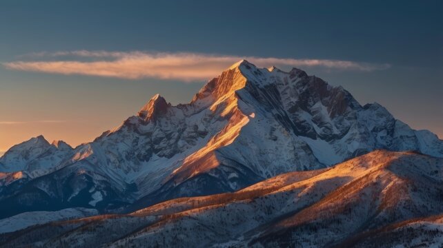 Snow-capped mountain peaks glow with golden light under a serene, colorful sky at sunset
