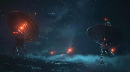 Satellite dish array at night, glowing lights, scanning deep space, dark sky with stars, ultra-detailed