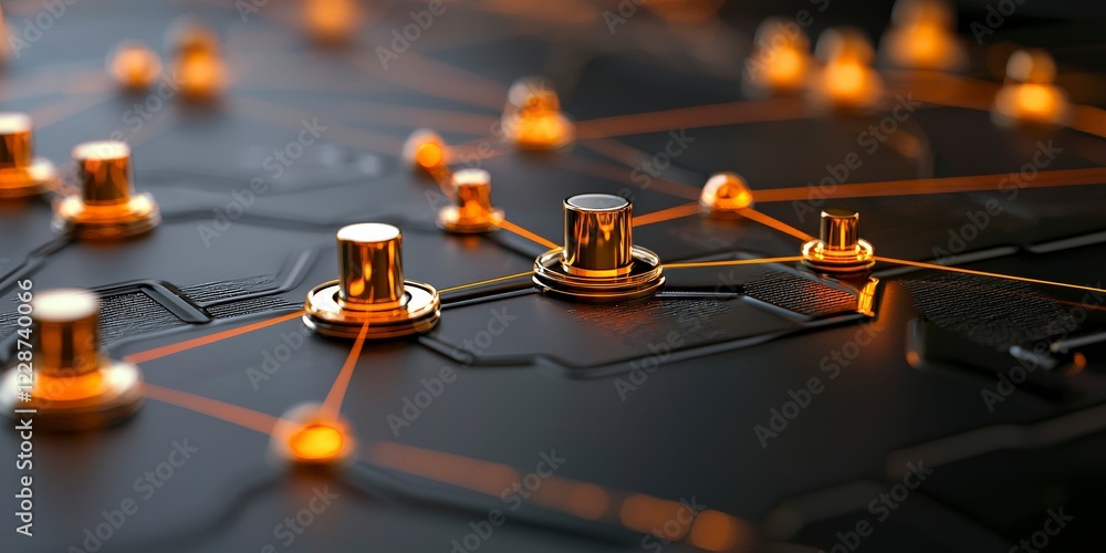 Poster intricate network of metallic nodes and glowing connections representing digital technology and data