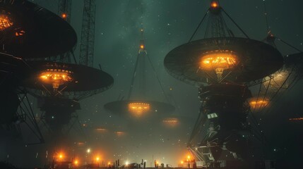 Radiant Night Vision: Illuminated Satellite Dishes Array Under the Stars