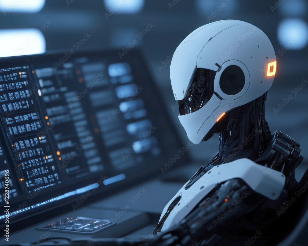 Poster futuristic robot with advanced technology in digital workspace.