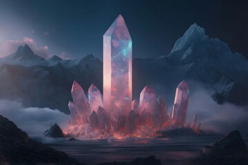 Towering Crystalline Spire Surrounded by Glittering Crystal Formations in a Mystical Mountainous Landscape with Soft Mist and Dreamy Lighting Under a Twilight Sky