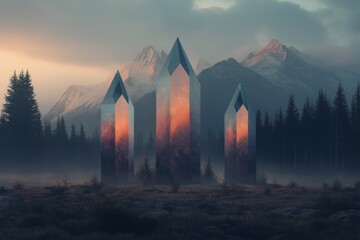 Three Towering Crystalline Monoliths Reflecting Sunset Colors in a Misty Forest with Mountain Backdrop and Atmospheric Light in a Mystical, Dreamlike Landscape