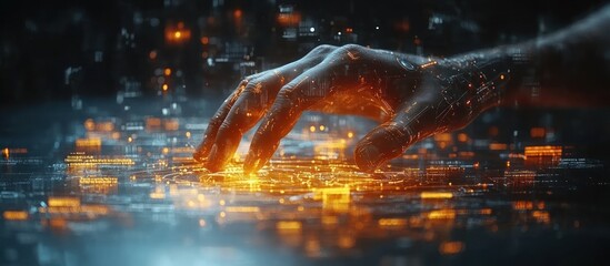 Glowing hand interacts with digital data.