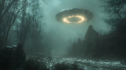 UFO over snowy ruins, night forest, mystery