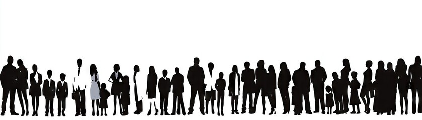 Diverse crowd silhouettes, outdoor event,  background is white, website banner