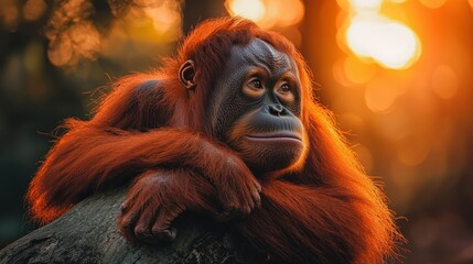 Obraz premium Orangutan sunset portrait, forest habitat, conservation.