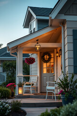 Charming Home Exterior at Dusk: Illuminated Porch, Inviting Entryway, and Serene Garden. A perfect blend of architectural design and landscaping.