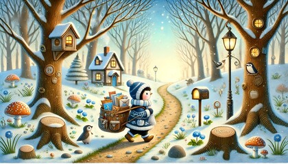Obraz premium A whimsical depiction of a penguin mail carrier delivering glowing magical letters on a sunny day in a melting forest, transitioning from winter to spring