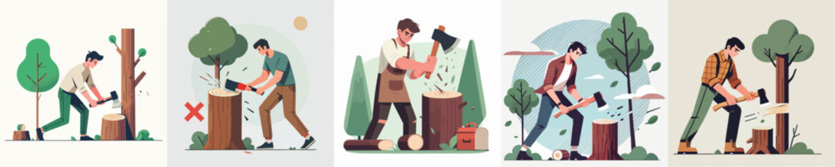 vector of young man cutting down a tree