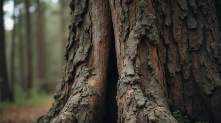 Close-up of a large, ancient tree trunk with rugged, weathered bark and visible knots